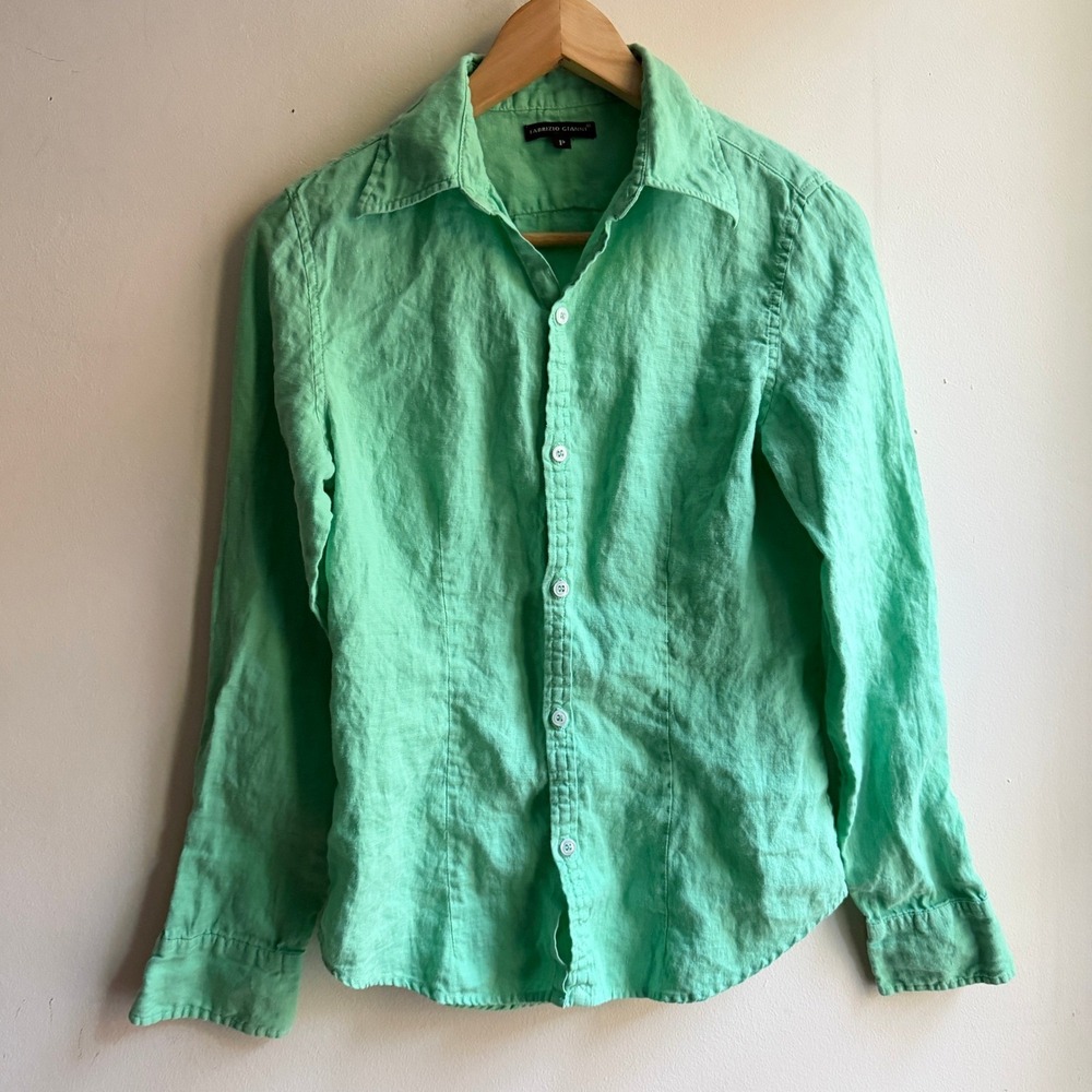 Fabrizio Gianni Women's Linen Shirt Button Down Mint‎ Green Petite P